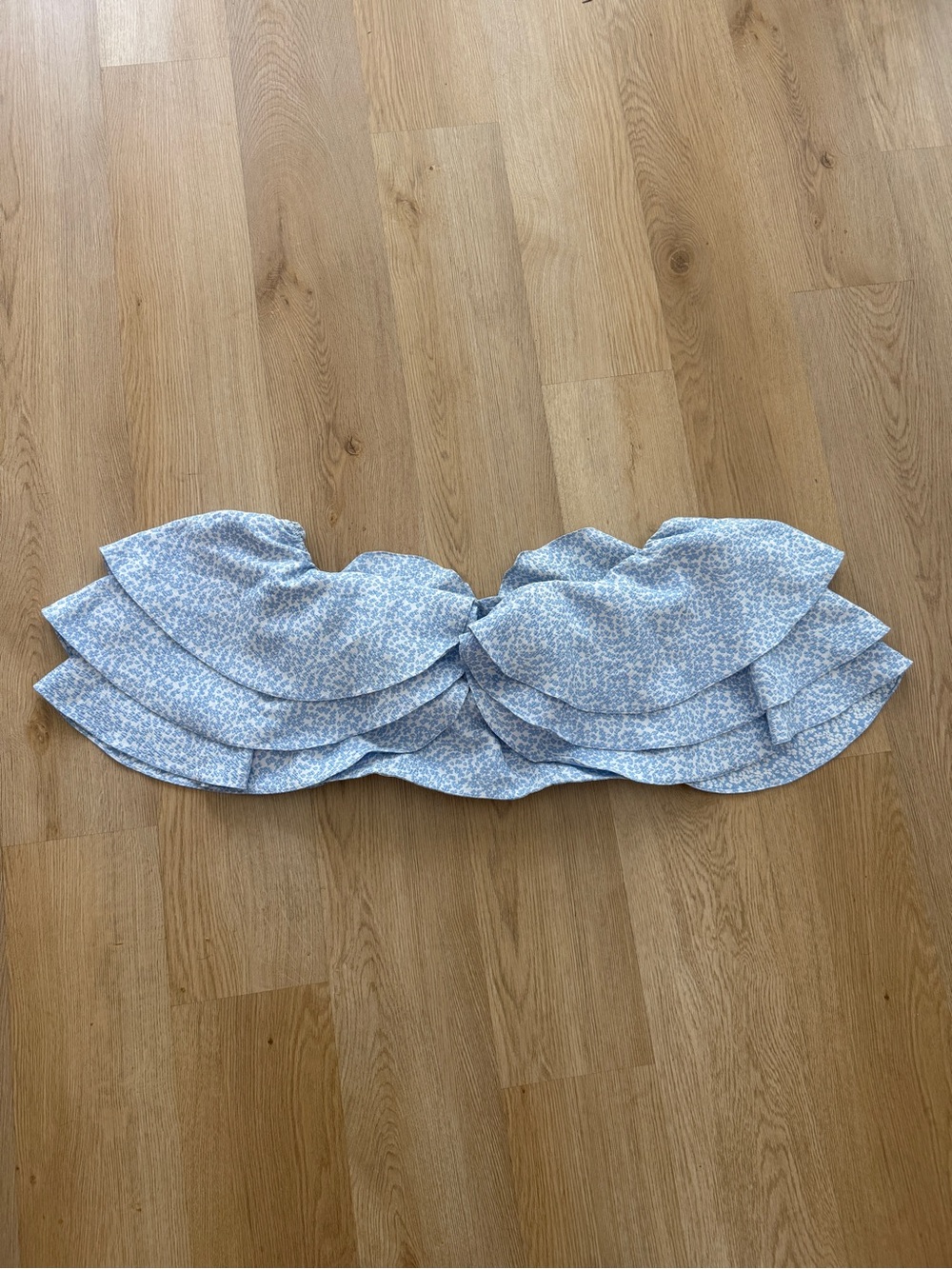 ASOS LUXE jacquard triple ruffle bardot top in blue ditsy floral